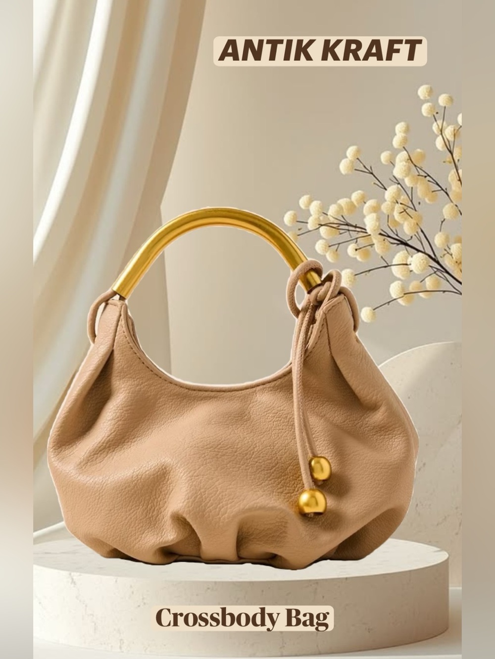 Antik Kraft Small Crossbody Bag Taupe Gold Metal Top Handle & Chain Strap NWT